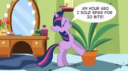 Size: 854x475 | Tagged: safe, derpibooru import, edit, edited screencap, screencap, twilight sparkle, pony, green isn't your color, exploitable meme, forced meme, meme, ponyville secrets, potted plant, secret pot meme, solo, speech bubble, twilight's confessions