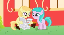 Size: 1440x806 | Tagged: safe, derpibooru import, screencap, aura (character), noi, earth pony, pony, ponyville confidential, aurabetes, background pony, cute, duo, female, filly, foal free press, grin, hoof hold, newspaper, noiabetes, reading, sitting, smiling