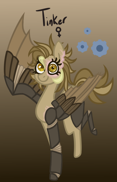 Size: 581x900 | Tagged: safe, artist:eppyminecart, derpibooru import, oc, oc:tinker (ice1517), unofficial characters only, cyborg, pegasus, pony, icey-verse, amputee, artificial wings, augmented, brown background, female, gradient background, mare, next generation, offspring, parent:derpy hooves, parent:doctor whooves, parents:doctorderpy, prosthetic limb, prosthetic wing, prosthetics, simple background, solo, wings