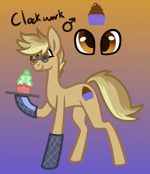 Size: 583x675 | Tagged: safe, artist:eppyminecart, derpibooru import, oc, oc:clockwork (ice1517), unofficial characters only, earth pony, pony, icey-verse, cupcake, food, glasses, gradient background, male, next generation, offspring, oven mitts, parent:derpy hooves, parent:doctor whooves, parents:doctorderpy, solo, stallion, tray