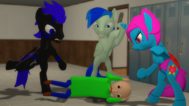 Size: 1920x1080 | Tagged: 3d, 3 vs 1, artist:serious-sam-64-64, baldi, baldi's basics in education and learning, beatdown, derpibooru import, gmod, oc, oc:blaze, oc:bloody melody, oc:shuriken, safe, unofficial characters only, violence