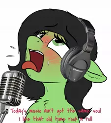 Size: 1080x1195 | Tagged: suggestive, artist:smoldix, derpibooru import, edit, editor:twitchyylive, oc, oc:anonfilly, ahegao, blushing, bob seger, bob seger & the silver bullet band, female, filly, headphones, microphone, old time rock n roll, open mouth, sfw edit, simple background, singing, song reference, text, tongue out
