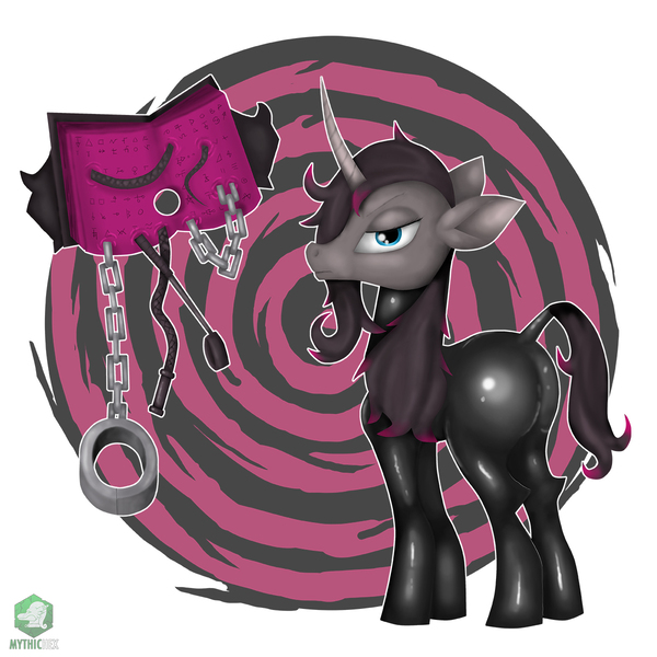 Size: 1200x1200 | Tagged: questionable, artist:mythichex, derpibooru import, fhtng th§ ¿nsp§kbl, oleander (tfh), classical unicorn, unicorn, them's fightin' herds, bdsm, bedroom eyes, bodysuit, book, butt, chains, cloven hooves, collar, community related, curved horn, dominatrix, horn, latex, latex suit, leather, leonine tail, looking at you, plot, pvc, riding crop, rubber, spiral background, tail wrap, unicornomicon, unshorn fetlocks, whip