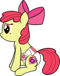 Size: 2293x2915 | Tagged: suggestive, artist:craftycirclepony, derpibooru import, apple bloom, apple bloom's bow, blushing, bow, cute, cutie mark, diaper, diaper fetish, female, fetish, filly, hair bow, image, lidded eyes, png, simple background, sitting, smiling, solo, the cmc's cutie marks, transparent background, wetness indicator