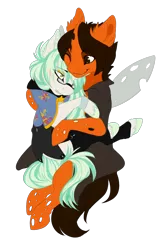 Size: 700x1071 | Tagged: artist:requiem♥, bug pony, commission, derpibooru import, friend, hug, insect, oc, safe, simple background, tender, transparent background, unofficial characters only, ych result