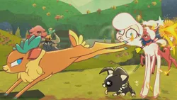 Size: 1280x720 | Tagged: safe, derpibooru import, screencap, pom lamb, velvet reindeer, deer, dog, reindeer, sheep, them's fightin' herds, >:), bucking, cloven hooves, community related, female, fight, kick, lamb, ouch, smiling, smirk, tongue out