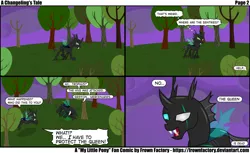 Size: 4042x2474 | Tagged: artist:frownfactory, blind eye, blood, changeling, changeling blood, changeling oc, comic, comic:a changeling's tale, derpibooru import, eye scar, flying, green blood, horn, injured, lying, night, oc, oc:trophus, safe, scar, scared, standing, text, tree, unofficial characters only, walking, wings