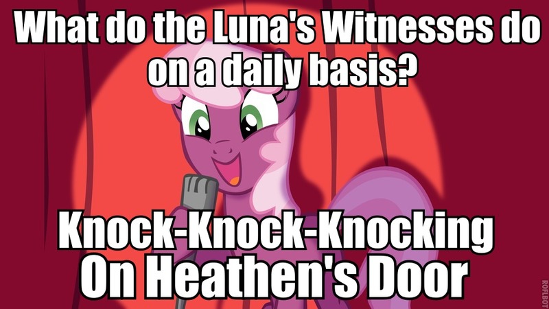 Size: 960x540 | Tagged: cheerilee, cheerilee pun, derpibooru import, exploitable meme, jehovah's witness, luna witnesses, meme, princess luna, pun, safe