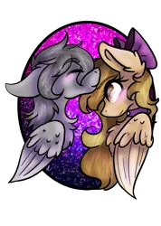 Size: 685x960 | Tagged: safe, artist:gęįjütšū, derpibooru import, oc, oc:ion sparkplug, oc:joycie, unofficial characters only, pegasus, pony, blushing, bowtie, bust, eyes closed, floppy ears, forehead kiss, kissing, long mane, portrait, simple background, smiling, transparent background