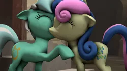 Size: 1920x1080 | Tagged: safe, artist:goatcanon, derpibooru import, bon bon, lyra heartstrings, sweetie drops, pony, comic:lyra's story, 3d, comic, female, hug, implied kissing, implied lesbian, implied lyrabon, implied shipping, mare, source filmmaker, starlight's village