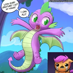 Size: 750x750 | Tagged: safe, artist:lumineko, derpibooru import, scootaloo, spike, dragon, pegasus, pony, molt down, biblethump, crying, female, floppy ears, flying, male, scootaloo can't fly, speech bubble, the binding of isaac, tree, winged spike