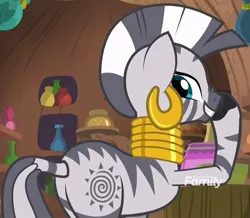 Size: 784x684 | Tagged: boop, butt, cropped, derpibooru import, discovery family logo, molt down, nose wrinkle, plot, plugged nose, safe, screencap, self-boop, solo, zebra, zecora, zecora's hut