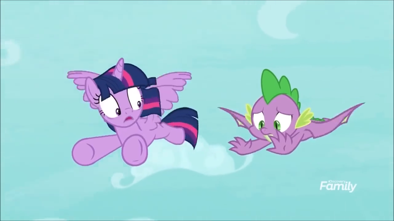 Size: 1280x720 | Tagged: safe, derpibooru import, screencap, spike, twilight sparkle, twilight sparkle (alicorn), alicorn, dragon, pony, molt down, discovery family logo, female, male, mare, shocked, winged spike, wings