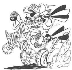 Size: 668x653 | Tagged: safe, artist:jargon scott, derpibooru import, oc, oc:carjack, unofficial characters only, zebra, black and white, car, ed "big daddy" roth, female, grayscale, hot rod, long tongue, mare, monochrome, rat fink, sharp teeth, solo, style emulation, teeth, tongue out, zebra oc