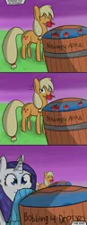 Size: 1621x4188 | Tagged: safe, artist:artiks, derpibooru import, applejack, rarity, earth pony, pony, unicorn, and then there's rarity, apple, apple bobbing, appul, barrel, clothes, comic, dress, duo, duo female, female, food, mouth hold, night, night sky, sky, stars, water, wet, wet mane, wet mane rarity