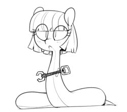 Size: 700x619 | Tagged: :<, animated, artist:whydomenhavenipples, black and white, blank expression, cute, cyborg, derpibooru import, freckles, grayscale, how, looking at you, monochrome, oc, oc:tija, original species, safe, simple background, snake, snake pony, solo, tape, unofficial characters only, unstoppable, wat, white background, wide eyes