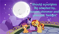 Size: 1798x1027 | Tagged: alicorn, artist:superbobiann, balcony, crying, derpibooru import, editor:superbobiann, moon, night, safe, scootaloo, sunset shimmer, twilight sparkle, twilight sparkle (alicorn)