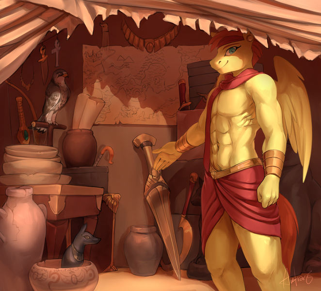 Size: 5284x4791 | Tagged: abs, absurd resolution, ankh, anthro, anubis, artist:audrarius, bird, bowl, bow (weapon), bracelet, bracer, clothes, commission, dagger, derpibooru import, digital art, ear piercing, earring, egyptian, egyptian pony, falcon, headband, jewelry, khopesh, loincloth, looking at you, male, map, merchant, muscles, necklace, oc, oc:sirocco breeze, partial nudity, pegasus, peregrine falcon, piercing, pottery, safe, shopkeeper, showing, solo, stallion, statue, statuette, sword, tent, topless, unofficial characters only, vase, wall of tags, weapon, wings