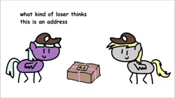 Size: 1280x720 | Tagged: appointed rounds, artist:round trip, big mac doesn't know how to write postal address properly, derpibooru import, derpy hooves, hat, in a nutshell, mailmare hat, round trip's mlp season 8 in a nutshell, safe, the break up breakdown