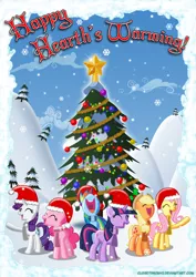 Size: 2480x3508 | Tagged: applejack, artist:gray--day, christmas, clothes, derpibooru import, fluttershy, hat, hearth's warming eve, holiday, mane six, pinkie pie, rainbow dash, rarity, safe, santa hat, scarf, twilight sparkle