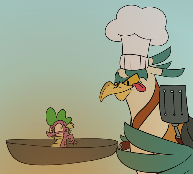 Size: 2145x1926 | Tagged: safe, artist:cowsrtasty, derpibooru import, spike, bird, dragon, roc, molt down, :p, :t, chef's hat, duo, eyes on the prize, frown, frying pan, glare, gradient background, gritted teeth, hat, male, pan, smiling, smirk, spatula, stone scales, tongue out, wide eyes, wing hands, wings