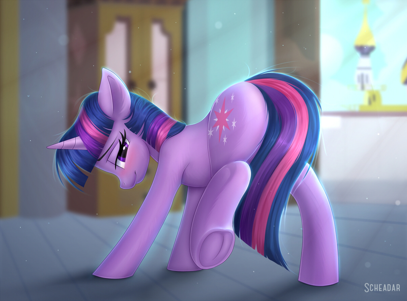 Size: 1200x888 | Tagged: suggestive, artist:scheadar, derpibooru import, twilight sparkle, pony, unicorn, blushing, butt, commission, covering, female, frog (hoof), looking back, mare, plot, presenting, smiling, solo, solo female, strategically covered, tail censor, underhoof, unicorn twilight, ych result