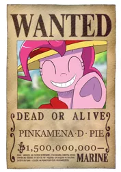 Size: 848x1200 | Tagged: safe, artist:feralroku, derpibooru import, pinkie pie, pony, crossover, eyes closed, frog (hoof), monkey d luffy, one piece, smiling, solo, spoilers for another series, underhoof, wanted poster, waving