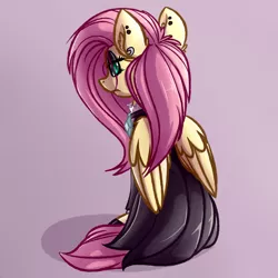 Size: 4000x4000 | Tagged: safe, artist:witchtaunter, derpibooru import, fluttershy, pegasus, pony, fake it 'til you make it, clothes, dress, ear piercing, eyeshadow, facing away, female, fluttergoth, image, jewelry, looking at you, makeup, mare, necklace, piercing, png, rear view, simple background, sitting, solo