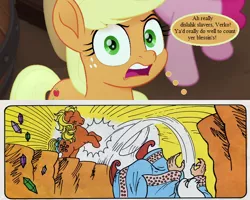 Size: 660x528 | Tagged: safe, derpibooru import, edit, edited screencap, screencap, applejack, applejack (g1), pinkie pie, earth pony, human, pony, comic:applejack's amazing adventure, comic:my little pony (g1), my little pony: the movie, beware the nice ones, chasm, cropped, falling, female, g1, g4, gem, imminent death, implied verko, jewel wizard, male, mare, mythology gag, slavery, solo focus, speech bubble, text, wizard