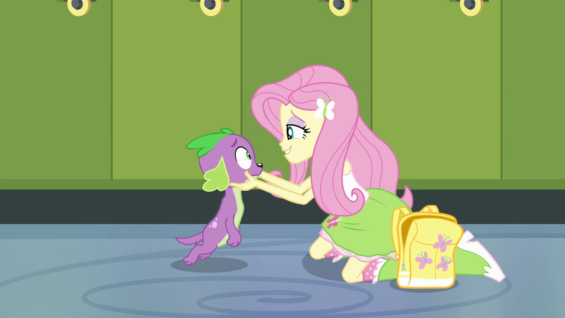 Size: 1920x1080 | Tagged: safe, derpibooru import, edit, edited screencap, editor:slayerbvc, screencap, fluttershy, spike, dog, equestria girls, equestria girls (movie), accessory-less edit, backpack, female, hallway, lockers, male, missing accessory, spike the dog