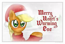 Size: 1651x1110 | Tagged: applejack, artist:eugene-joe-c, braid, christmas, clothes, derpibooru import, hat, hearth's warming eve, holiday, safe, santa hat, sweater