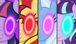 Size: 600x350 | Tagged: safe, derpibooru import, starlight glimmer, sunset shimmer, trixie, twilight sparkle, pony, counterparts, creepy, female, glowing eyes, magical quartet, mare, twilight's counterparts, yu-gi-oh!, yugioh arc v