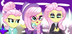 Size: 1238x580 | Tagged: safe, artist:yaycelestia0331, derpibooru import, fluttershy, equestria girls, fake it 'til you make it, alternate hairstyle, bun, equestria girls interpretation, fluttergoth, glasses, hair bun, hat, hipstershy, scene interpretation, severeshy