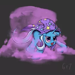 Size: 800x800 | Tagged: safe, artist:sixes&sevens, derpibooru import, trixie, pony, unicorn, cape, clothes, female, gray background, hat, mare, missing cutie mark, open mouth, raised hoof, raised leg, running, simple background, smiling, smirk, smoke, trixie's cape, trixie's hat