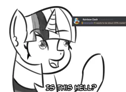 Size: 813x594 | Tagged: safe, artist:artiks, derpibooru import, rainbow dash, twilight sparkle, pegasus, pony, unicorn, 20% cooler, @everyone, crossing the memes, discord (program), eyebrows visible through hair, female, is this a pigeon, lineart, looking up, mare, meme, mismatched eyes, monochrome, open mouth, pointing, raised eyebrow, smiling, unicorn twilight, wide eyes