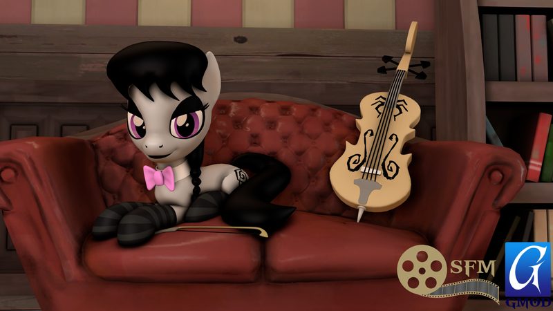 Size: 1920x1080 | Tagged: safe, artist:dracagon, derpibooru import, octavia melody, earth pony, pony, 3d, black socks, book, bookshelf, bow (instrument), cello, cello bow, clothes, couch, eyeshadow, female, goth, makeup, mare, musical instrument, prone, socks, solo, striped socks