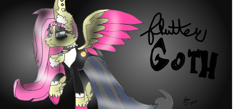 Size: 1366x629 | Tagged: safe, artist:fuchsia flame, derpibooru import, fluttershy, pegasus, pony, fake it 'til you make it, 1000 hours in sketchpad, art, bare hooves, bedroom eyes, buttons, chest fluff, choker, clothes, dress, eyeshadow, female, fluttergoth, fluttergoth is best waifu, goth, jewelry, makeup, mare, necklace, piercing