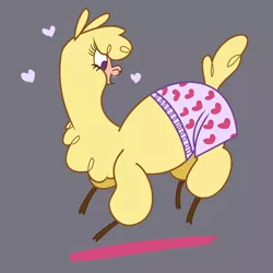 Size: 6000x6000 | Tagged: absurd resolution, alpaca, artist:ithinkitsdivine, artist:lindsay towns, boxers, chest fluff, clothes, cloven hooves, community related, derpibooru import, female, gray background, heart, heart print underwear, paprika paca, safe, simple background, smiling, solo, them's fightin' herds, underwear