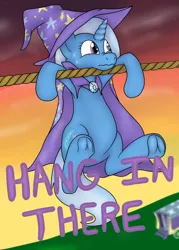 Size: 1000x1400 | Tagged: safe, artist:pavlovzdawg, derpibooru import, trixie, pony, unicorn, cape, clothes, female, frog (hoof), hang in there, hanging, hat, mare, rope, solo, trixie's cape, trixie's hat, underhoof