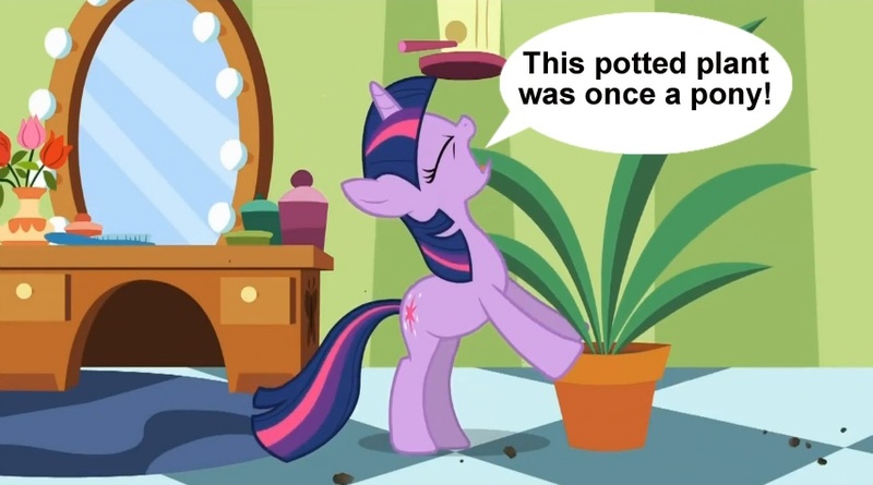 Size: 854x475 | Tagged: derpibooru import, edit, edited screencap, exploitable meme, green isn't your color, meme, palindrome get, potted plant, safe, screencap, secret pot meme, solo, speech bubble, twilight sparkle