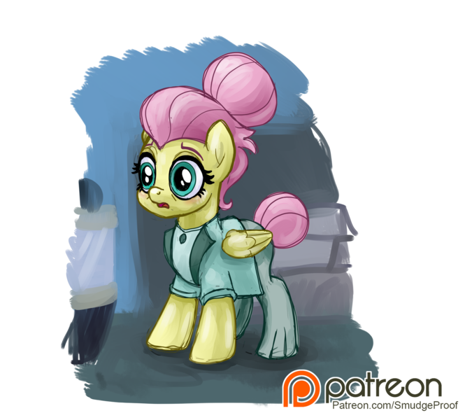 Size: 1500x1353 | Tagged: safe, alternate version, artist:smudge proof, derpibooru import, fluttershy, pony, fake it 'til you make it, alternate hairstyle, alternate scene, breaking character, clothes, dialogue, fear, frightened, frozen in fear, lost composure, offscreen character, patreon, patreon logo, patreon reward, rarity for you, scared, severeshy, shop, simple background, solo, transparent background