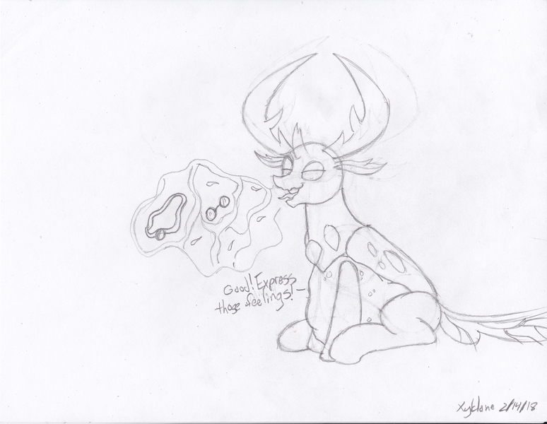 Size: 3292x2552 | Tagged: grimdark, questionable, artist:xyclone, derpibooru import, free love (changedling), thorax, changedling, changeling, burp, burping up items, digestion, fetish, king thorax, male, open mouth, pencil drawing, solo, tongue out, traditional art, vore