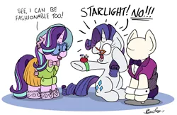 Size: 2433x1574 | Tagged: safe, artist:bobthedalek, derpibooru import, rarity, starlight glimmer, pony, unicorn, bowtie, clothes, cuffs (clothes), duo, ear piercing, earring, fashion style, female, jewelry, mannequin, mare, piercing, ponyquin, shirt, shocked, skirt, toy, toy interpretation