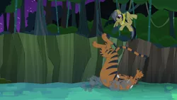 Size: 1280x720 | Tagged: safe, derpibooru import, screencap, daring do, big cat, cat, pegasus, pony, tiger, daring don't, ahuizotl's cats, animal, animation error, claws out, clothes, dodge, dust cloud, eyes closed, faceplant, female, mare, rings of scorchero