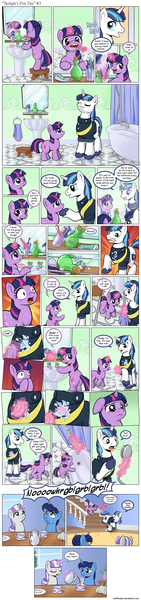 Size: 1200x5100 | Tagged: adorkable, artist:muffinshire, bathroom, clothes, colt, comic, comic:twilight's first day, cute, derpibooru import, dork, female, filly, food, hair dryer, magic, male, minty, newspaper, night light, safe, shining armor, slice of life, soap, tea, teapot, telekinesis, toothbrush, toothpaste, twiabetes, twilight sparkle, twilight velvet, uniform, wharrgarbl