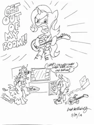 Size: 1944x2592 | Tagged: safe, artist:newportmuse, derpibooru import, spike, starlight glimmer, twilight sparkle, twilight sparkle (alicorn), alicorn, dragon, pony, unicorn, dialogue, guitar, kite, monochrome, musical instrument, starlight's room, winged, winged spike