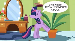 Size: 854x475 | Tagged: safe, derpibooru import, edit, edited screencap, screencap, twilight sparkle, pony, green isn't your color, exploitable meme, forced meme, meme, ponyville secrets, potted plant, secret pot meme, solo, speech bubble, twilight's confessions