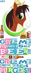 Size: 574x1322 | Tagged: 1000 hours in ms paint, alcohol, artist:horsesplease, bottle, budweiser, burger, can, derpibooru import, drunk, drunken shoes, food, meme, safe, trouble shoes, wow! glimmer