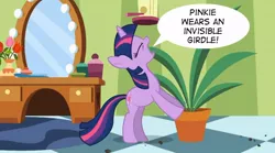 Size: 854x475 | Tagged: safe, derpibooru import, edit, edited screencap, screencap, twilight sparkle, pony, green isn't your color, exploitable meme, forced meme, meme, ponyville secrets, potted plant, secret pot meme, solo, speech bubble, twilight's confessions