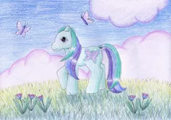 Size: 1024x721 | Tagged: artist:normaleeinsane, butterfly, cloud, daybreak (character), derpibooru import, flower, g3, grass, safe, solo, traditional art